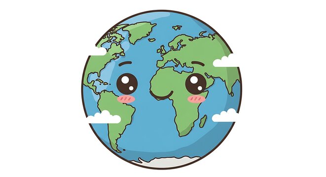 Smiling Cartoon Earth Globe with Clouds on White Background