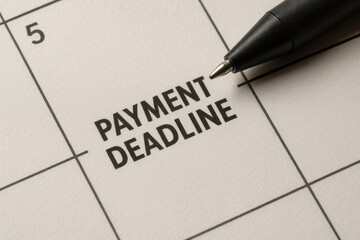 Payment deadline reminder on calendar with pen closeup for financial planning