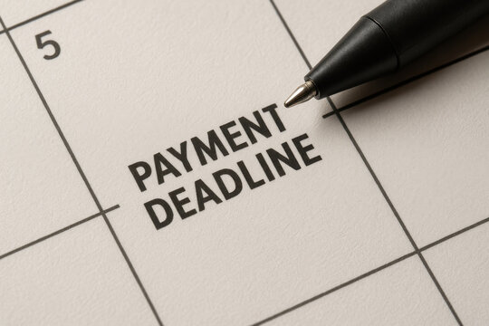 Payment deadline reminder on calendar with pen closeup for financial planning