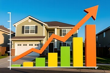 Property values are represented with an upward trending arrow and color coded growth chart overlaid on a suburban two story home against a blue sky background.