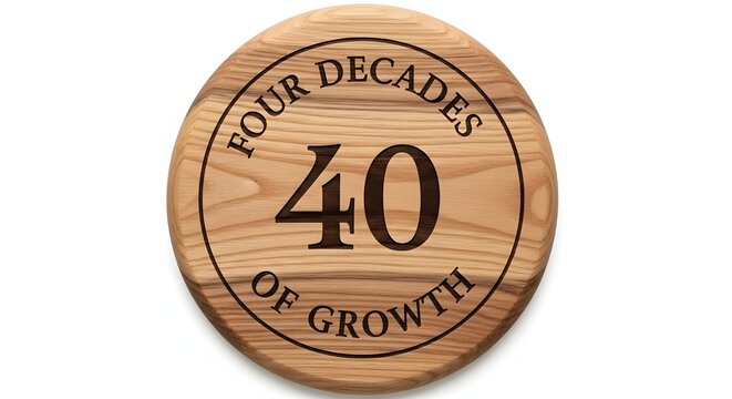Engraved Wooden Emblem Celebrating 40 Years of Growth on White Background