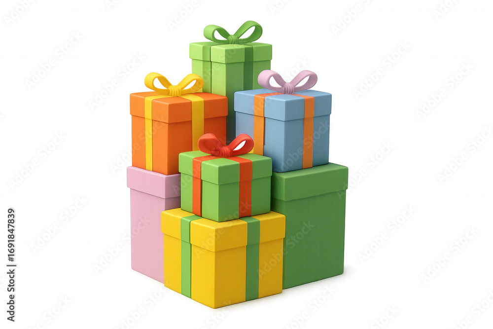 Poster 3d rendering of a stack of colorful gift boxes with ribbons, isolated on a transparent background, p