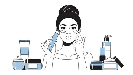 Young woman with towel on head applying eye cream surrounded by various skincare products and bottles illustrating a beauty routine