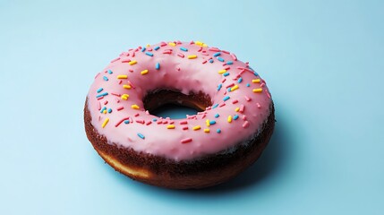 Chocolate cake is a donut with a pink frosting blue background