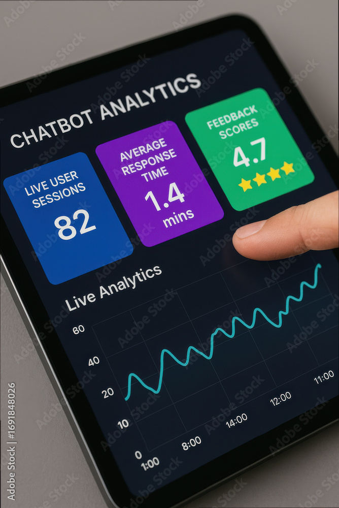 Poster chatbot analytics dashboard showing live user sessions, average response time, and feedback