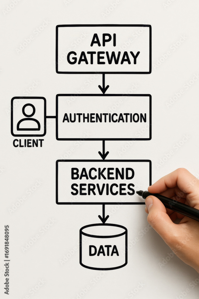 Poster api gateway authentication backend services data flowchart drawn on whiteboard