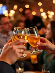Clinking glasses with alcohol and toasting, party.