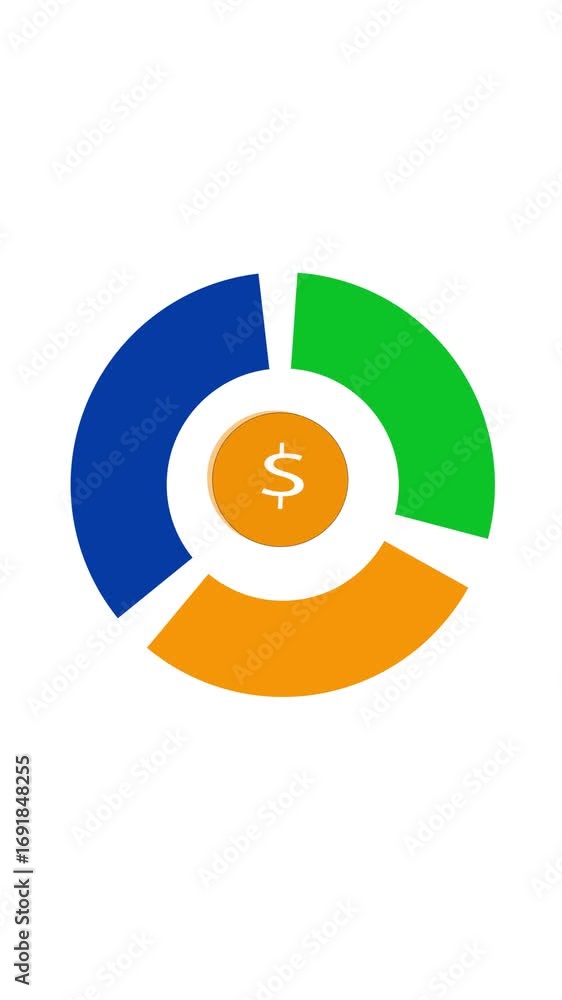 Poster vertical video featuring budget allocation with animated pie chart and dollar icon. animated financi