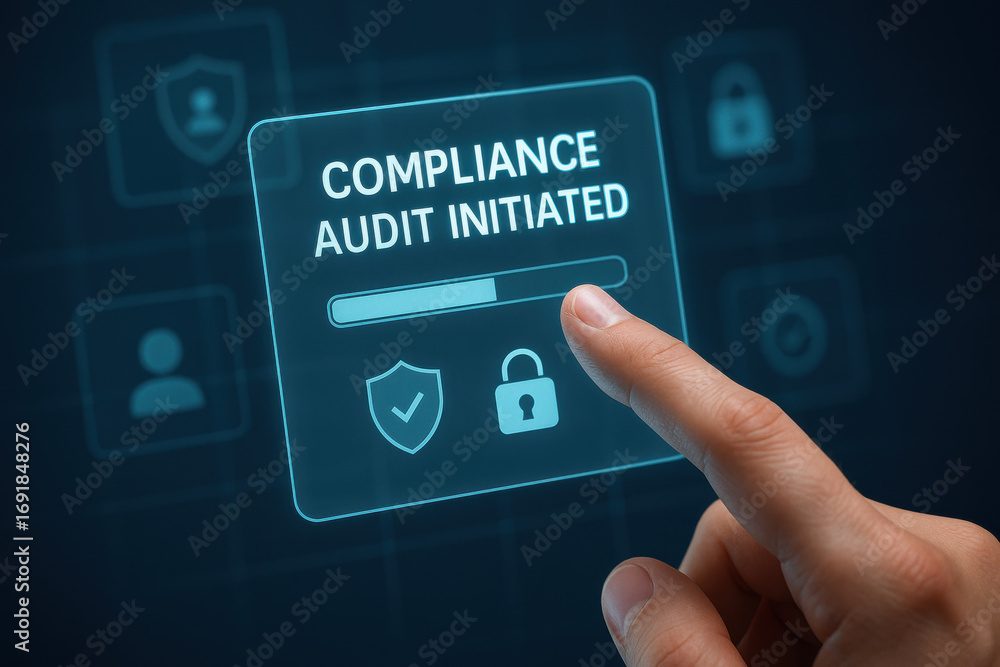 Poster compliance audit initiated message with finger pointing on digital screen showing security icons