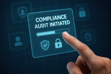 Compliance audit initiated message with finger pointing on digital screen showing security icons