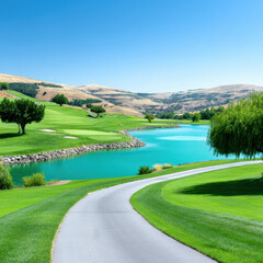 Serene golf course landscape featuring winding path alongside vibrant turquoise lake, surrounded by lush green grass and rolling hills