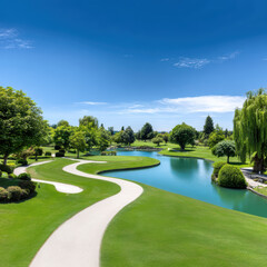 Serene luxury golf course landscape featuring winding path, lush green grass, and tranquil lake surrounded by trees