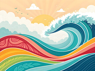 Vibrant ocean waves under a sunny sky with clouds and birds water surf