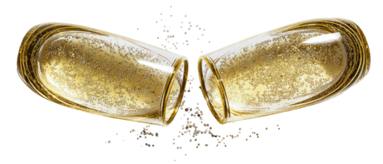 Two glasses clinking with sparkling beverage.