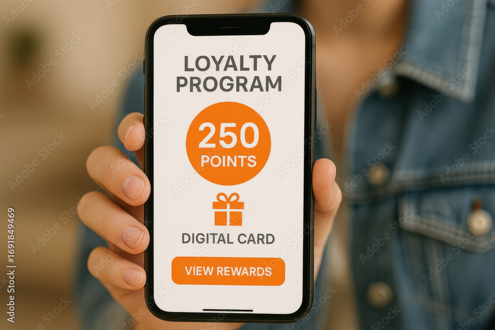 Poster loyalty program digital card with 250 points and rewards displayed on smartphone screen