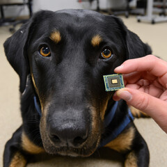 Close up of black dog with microchip being held near its face, showcasing technology used for pet identification and tracking