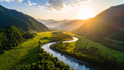 Majestic Sunset over Serene River Valley