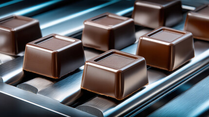 Delicious chocolate bars cooling metal conveyor, showcasing their glossy finish and intricate design, evoke sense of indulgence and craftsmanship