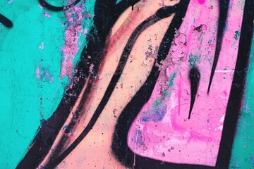 Street graffiti with bold neon pink, aqua, black in 80s urban style, showcasing expressive textures, rough layers. Street art, posters, digital backgrounds, urban designs, modern 90s visuals.