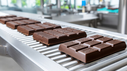 Cooling chocolate bars on metal conveyor belt in factory, showcasing delicious treat