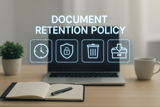Document retention policy concept with laptop, notebook, pen, cup, and plant on wooden desk