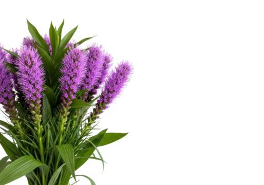 Vibrant purple liatris bouquet with green leaves on transparent studio background, 'happy Mother's Day' text, soft high-key light. Concept for Mother's Day celebration