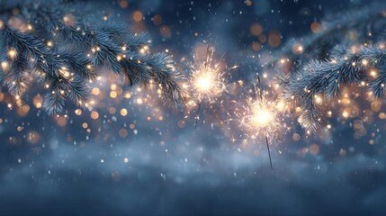 Holiday illumination and sparkler glow — Christmas garland bokeh lights on deep blue background, elegant winter festive border with copy space for banners, posters, social media, and website headers