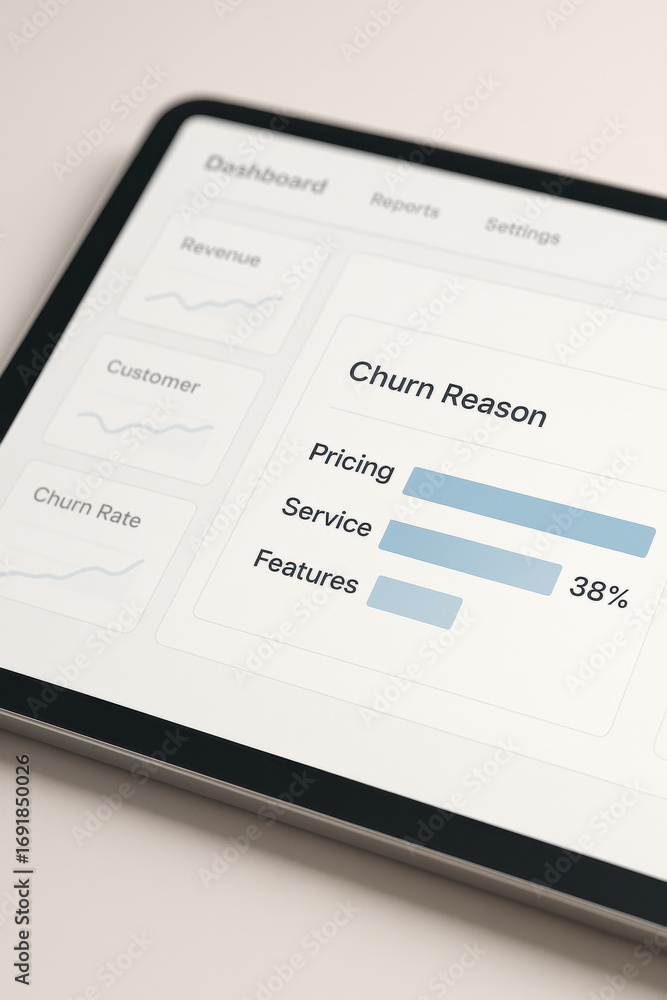 Poster business dashboard on tablet showing churn reason and rate with bar chart and analytics