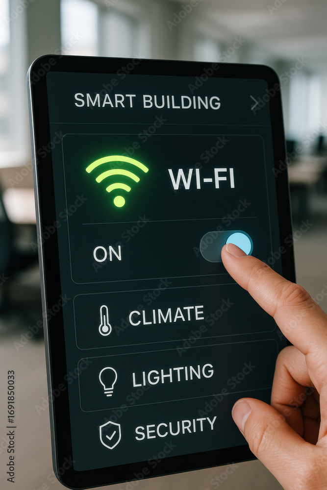 Poster smart building control panel with wi fi on and finger touching screen in office