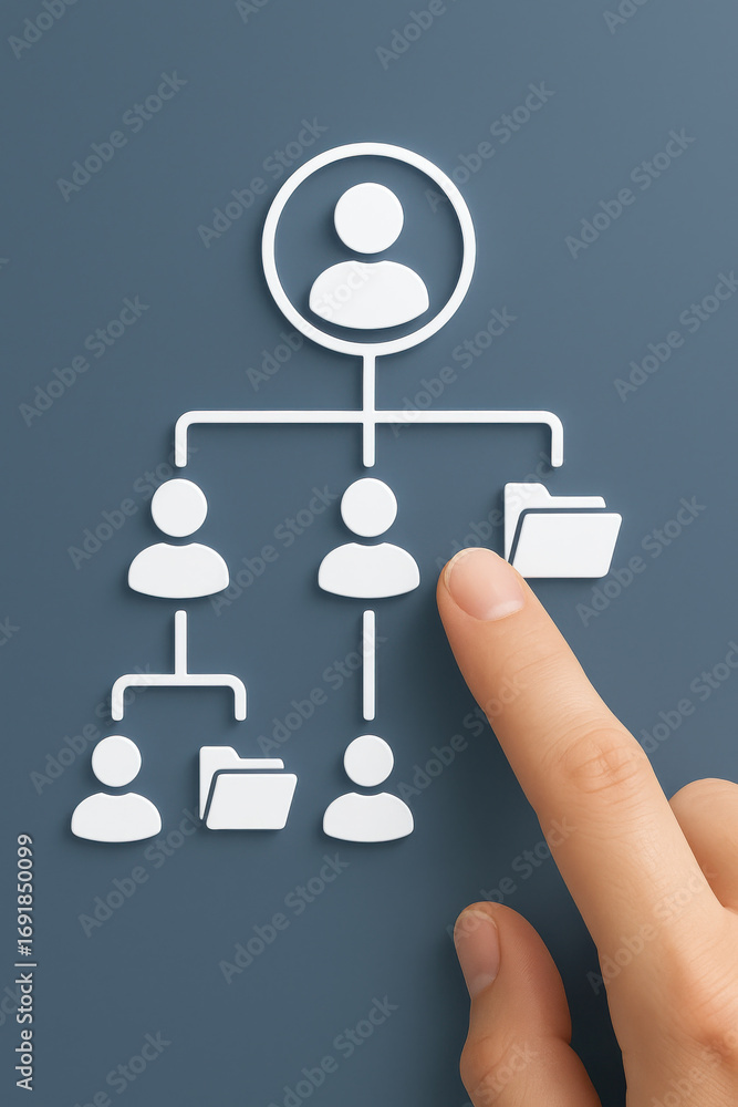 Aufkleber business hierarchy concept with finger pointing folder icon blue background showing organization