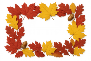 Colorful autumn leaves and acorns forming rectangular frame, highlighting seasonal natural elements against transparent backdrop