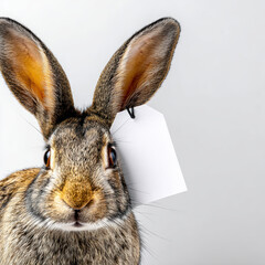 Close up view of rabbit with large ears and blank tag attached to its ear, set against white backdrop, evokes curiosity and charm