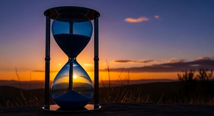 Elegant hourglass silhouetted against a vibrant sunset symbolizing passing time and precious moments.