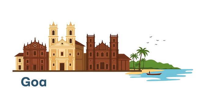 Goa Cityscape Illustration Featuring Historic Architecture and Tropical Scenery