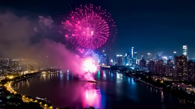 Colorful Fireworks Display Over Urban Skyline at Night with Reflections on Calm Water. Seamless looping 4k video background