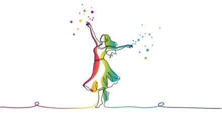 Joyful Woman Dancing in a Colorful Continuous One Line Drawing with Splatters on a White Background