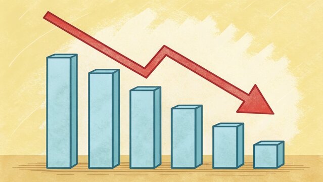 Bar chart showing decline with downward trending arrow