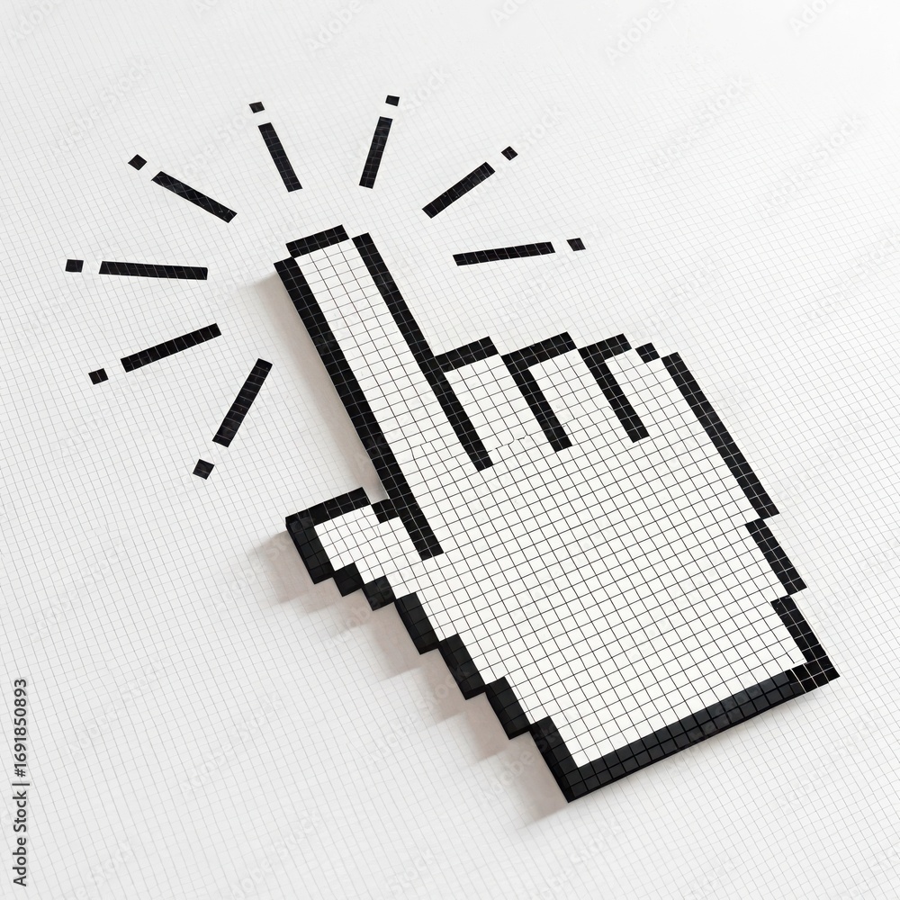 Poster pixelated hand cursor clicking with animated sparkles