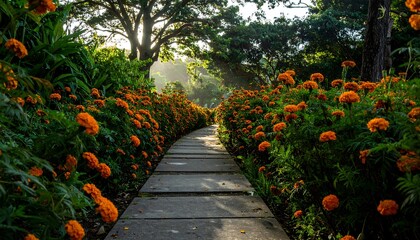 Path through vibrant orange marigold garden