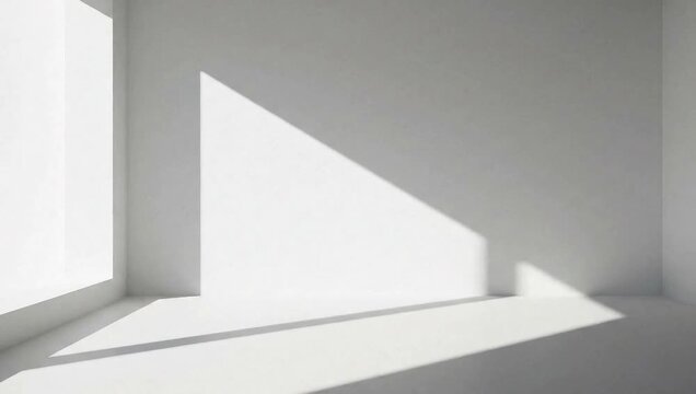 Minimalist interior with stark geometric shadows cast by natural light from a large window onto white walls and floor