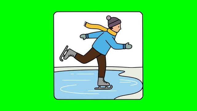 Male character enjoying ice skating on icy surface, dressed in warm winter clothes with scarf, hat, gloves and boots vector art