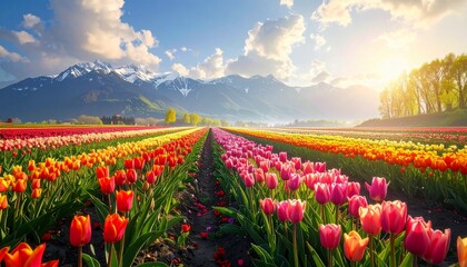 Vibrant Tulip Fields with Majestic Mountain Backdrop