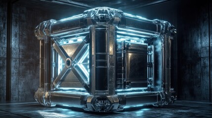 Metallic cube, glowing blue light, futuristic