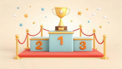 Golden trophy on a victory podium with confetti