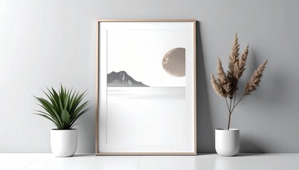 Minimalist framed artwork of grayscale mountain landscape with flying birds and clouds placed against light gray wall with pink artificial flower in foreground for decor and tranquil design visuals