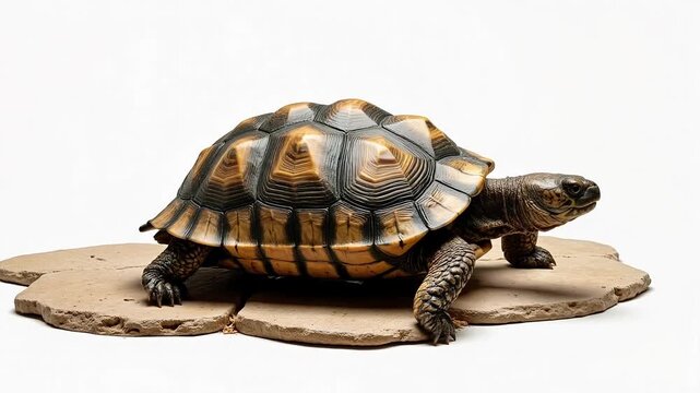 Slow-moving tortoise gracefully traversing a white or natural stone surface, showcasing its shell in stunning 4k HQ video footage