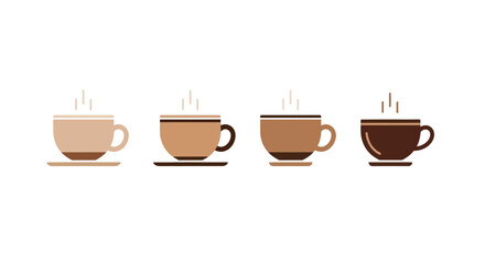 Collection of four distinct coffee cups with steaming beverages and saucers vector