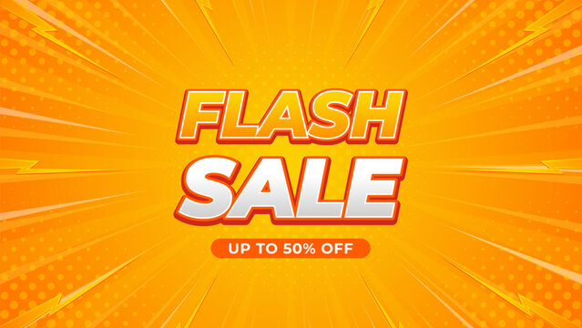 Flash sale promo banner template. Bright orange-yellow comic sunburst background. Flash sale text effect design for social media post, website, Sale promotion, and advertising banner