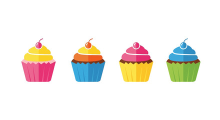 Four colorful cupcakes with swirled frosting and cherry topping celebration treats vector