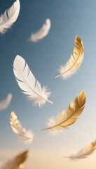 Floating Feathers Against Blue Sky Light and Airy Background